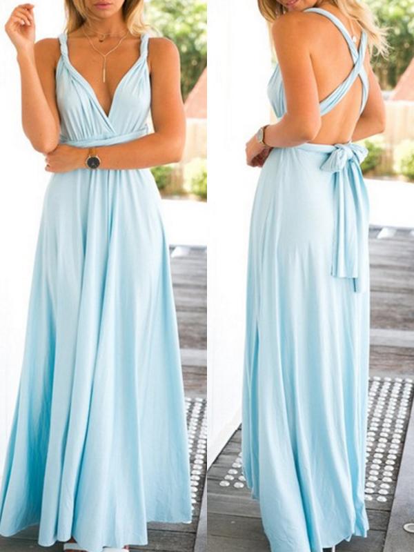 Seindeal Solid Multi-Wear Fado Cord Cross Backless Sexy Bandage Sleeveless Maxi Wrap Bridesmaid Dress for Party