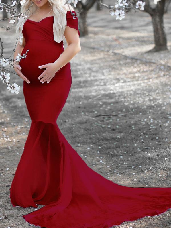 Seindeal Solid Ruffle Fishtail V-neck Maternity Photoshoot Dress