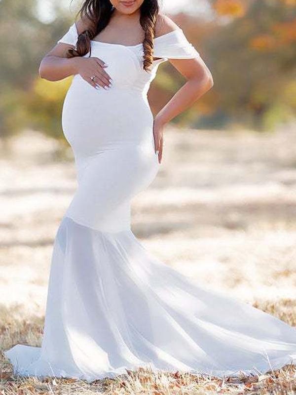 Seindeal Solid Ruffle Fishtail V-neck Maternity Photoshoot Dress