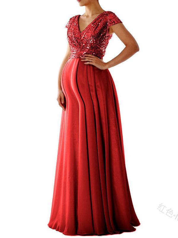 Seindeal Sequin Zipper V-neck Maternity Maxi Photoshoot Dress for Early Pregnancy