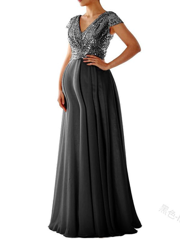 Seindeal Sequin Zipper V-neck Maternity Maxi Photoshoot Dress for Early Pregnancy