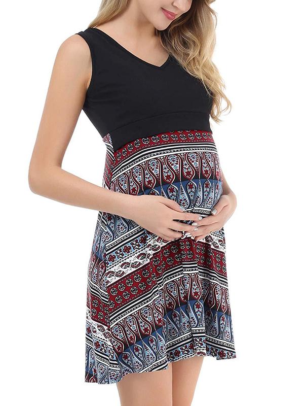 Seindeal Bohemian Print Draped Nursing Maternity Mini Dress