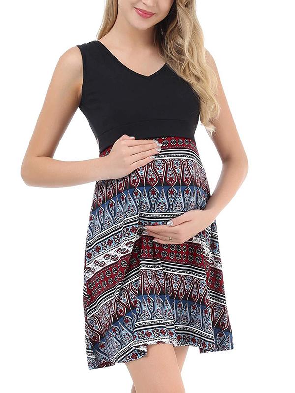 Seindeal Bohemian Print Draped Nursing Maternity Mini Dress