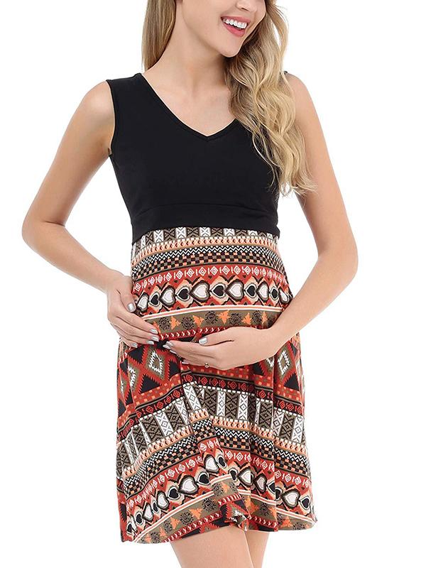 Seindeal Bohemian Print Draped Nursing Maternity Mini Dress