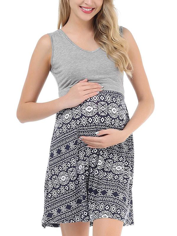 Seindeal Bohemian Print Draped Nursing Maternity Mini Dress