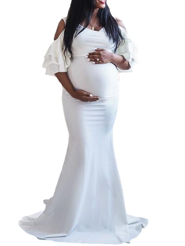 Seindeal Maternity Photoshoot Dress Maxi Ruffle Fishtail Off Shoulder for Women