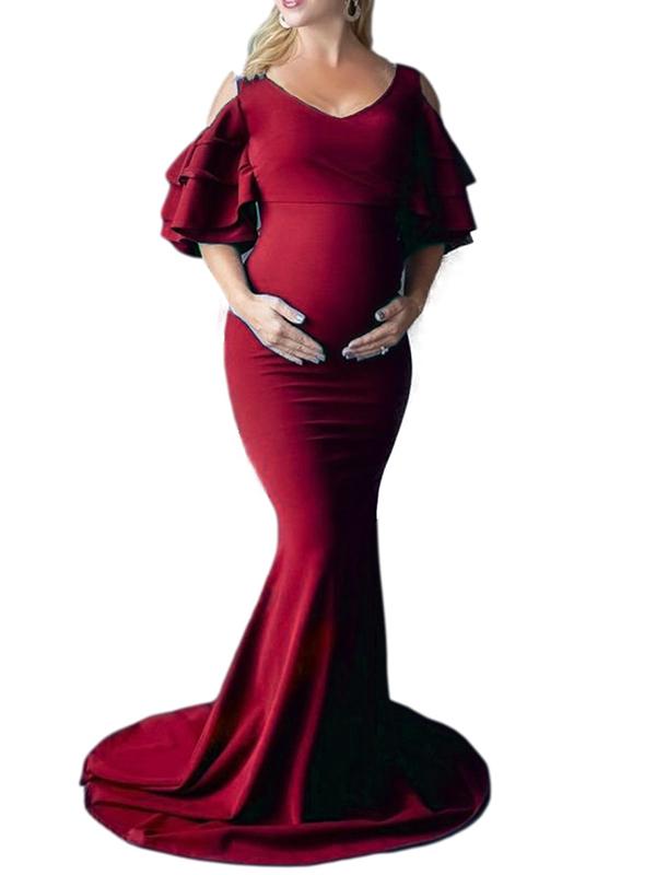 Seindeal Maternity Photoshoot Dress Maxi Ruffle Fishtail Off Shoulder for Women