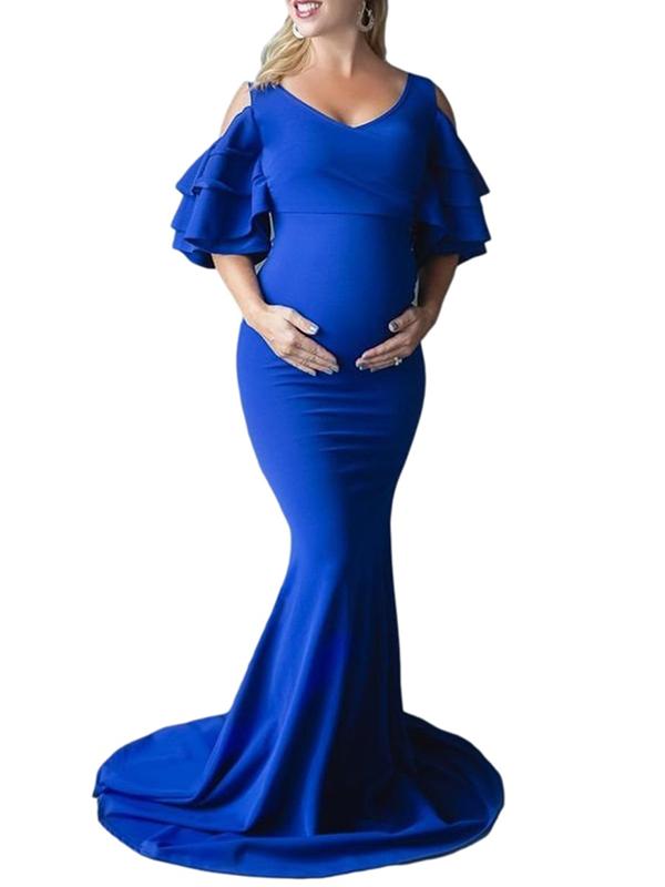 Seindeal Maternity Photoshoot Dress Maxi Ruffle Fishtail Off Shoulder for Women