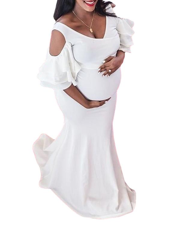 Seindeal Maternity Photoshoot Dress Maxi Ruffle Fishtail Off Shoulder for Women