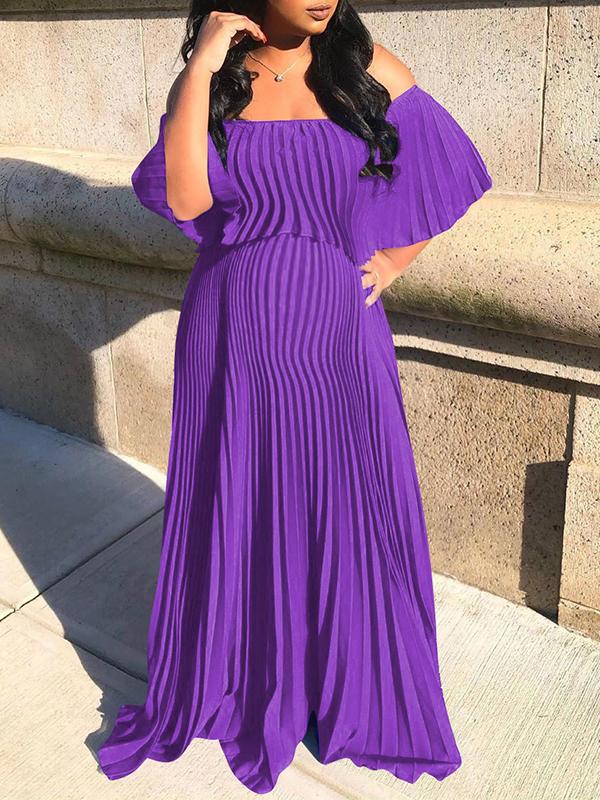 Seindeal Ruffle Off Shoulder Pleated Boat Neck Maternity Maxi Dress