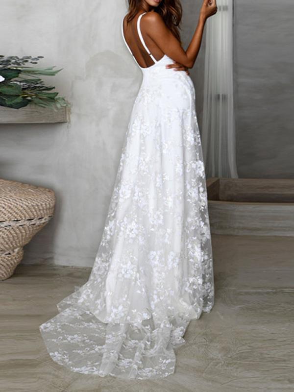 Seindeal Slit Floral Lace Backless Draped Wedding Maternity Maxi Dress