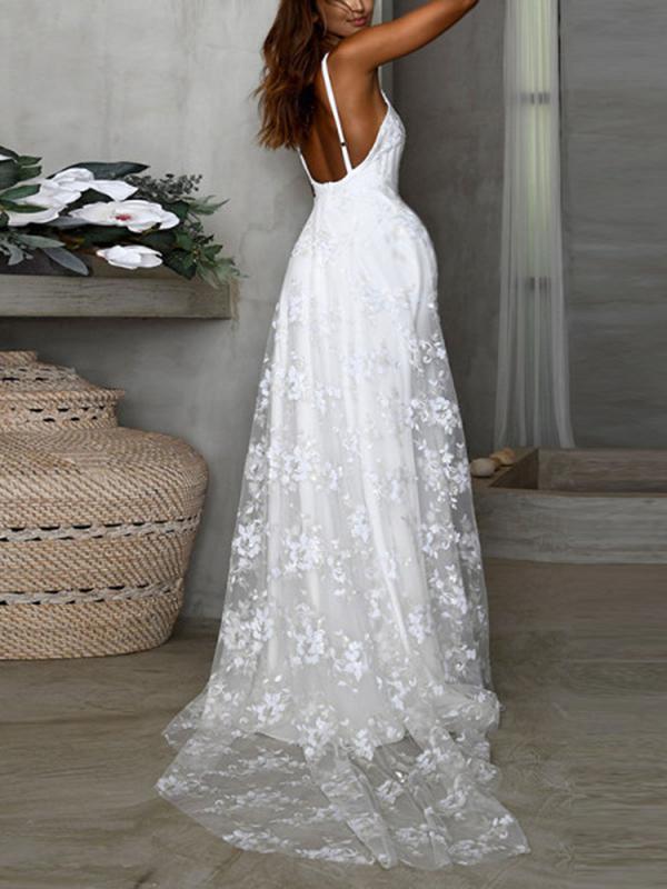 Seindeal Slit Floral Lace Backless Draped Wedding Maternity Maxi Dress