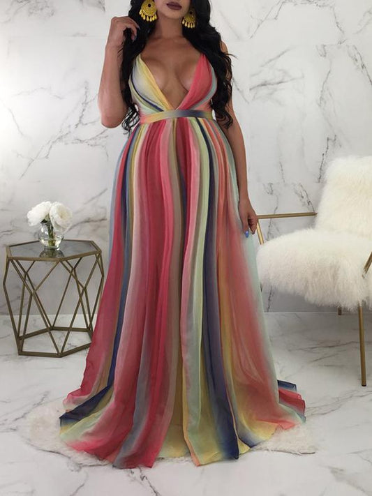 Seindeal Rainbow Tulle Shoulder-Strap Deep V-neck Baby Shower Maternity Maxi Dress