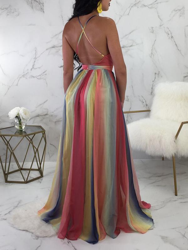 Seindeal Rainbow Tulle Shoulder-Strap Deep V-neck Baby Shower Maternity Maxi Dress