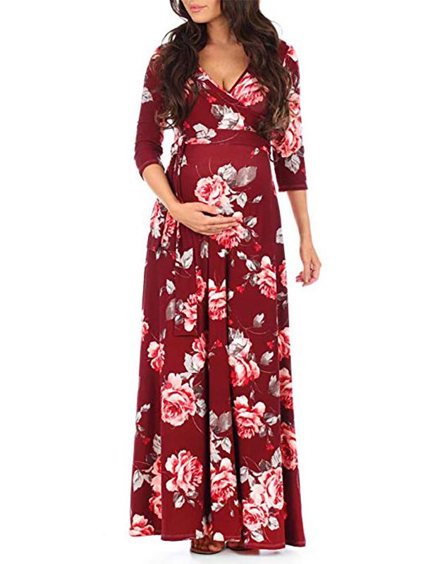 Momnfangcy Floral Belt V-neck Three Quarter Length Sleeve Casual Maternity Maxi Dress