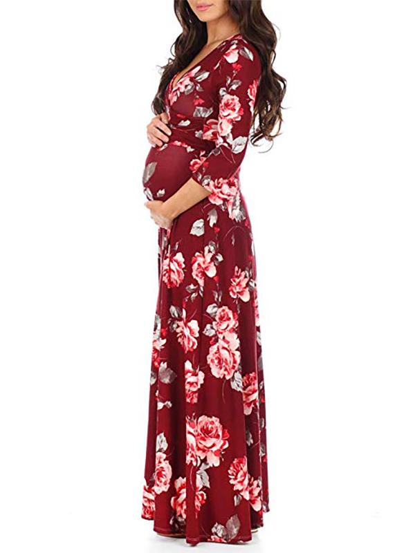 Momnfangcy Floral Belt V-neck Three Quarter Length Sleeve Casual Maternity Maxi Dress