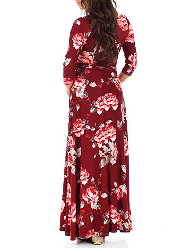 Momnfangcy Floral Belt V-neck Three Quarter Length Sleeve Casual Maternity Maxi Dress