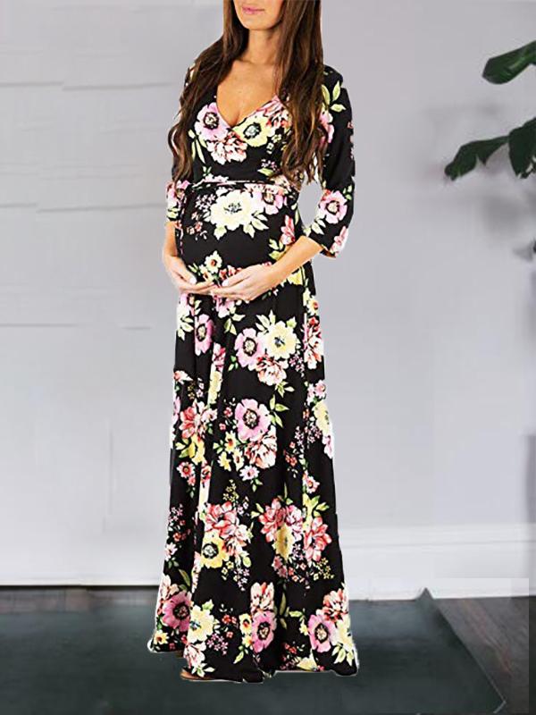 Momnfangcy Floral Belt V-neck Three Quarter Length Sleeve Casual Maternity Maxi Dress