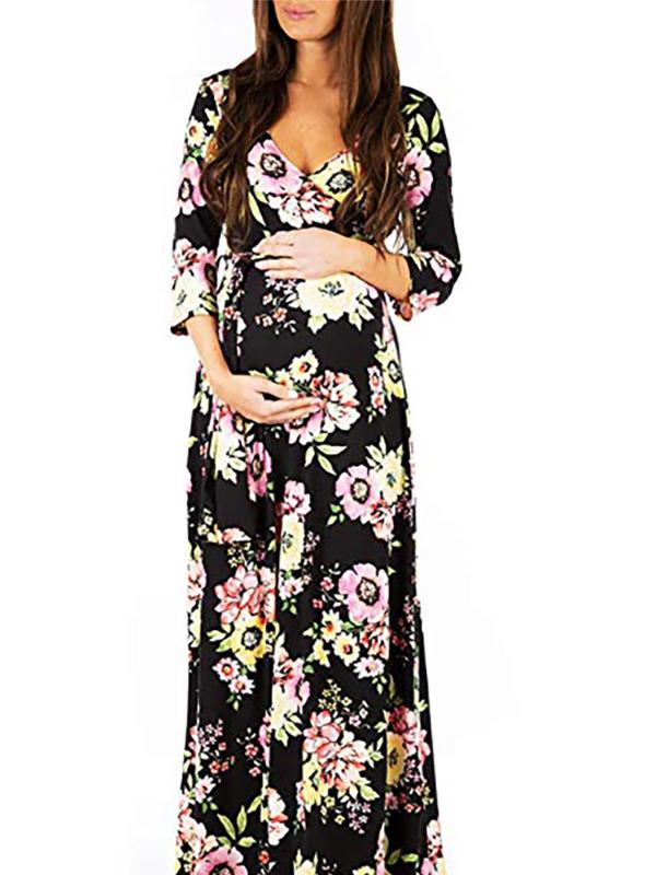 Momnfangcy Floral Belt V-neck Three Quarter Length Sleeve Casual Maternity Maxi Dress