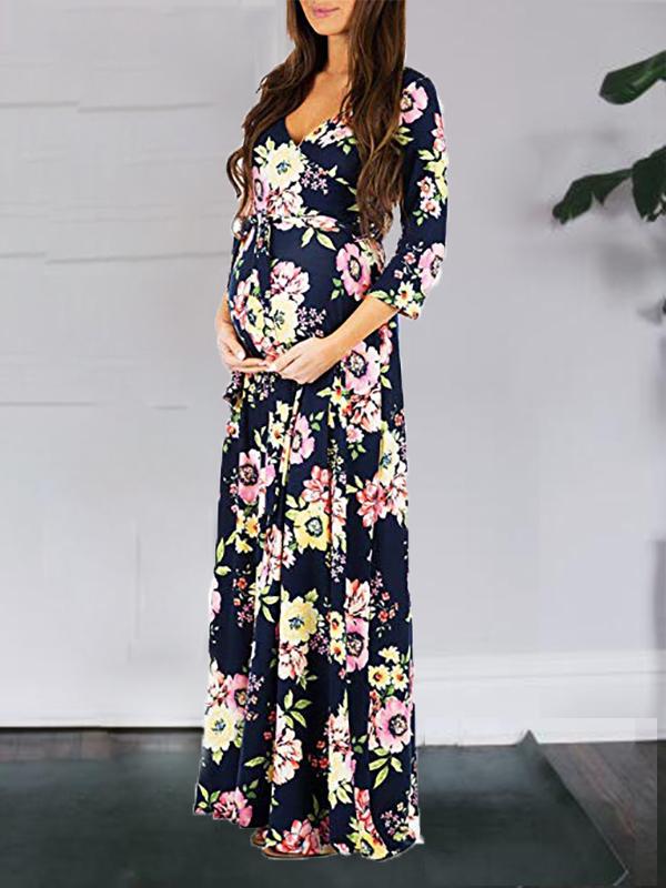 Momnfangcy Floral Belt V-neck Three Quarter Length Sleeve Casual Maternity Maxi Dress