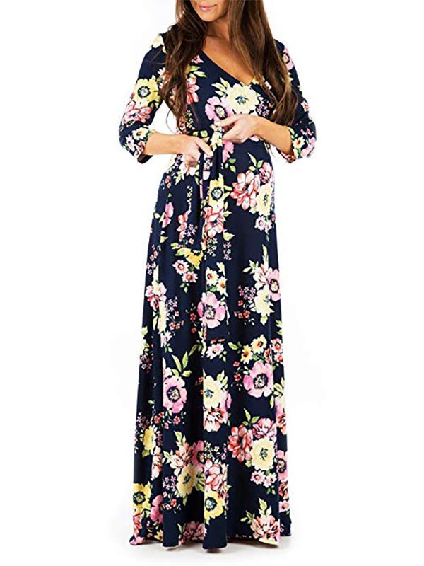 Momnfangcy Floral Belt V-neck Three Quarter Length Sleeve Casual Maternity Maxi Dress