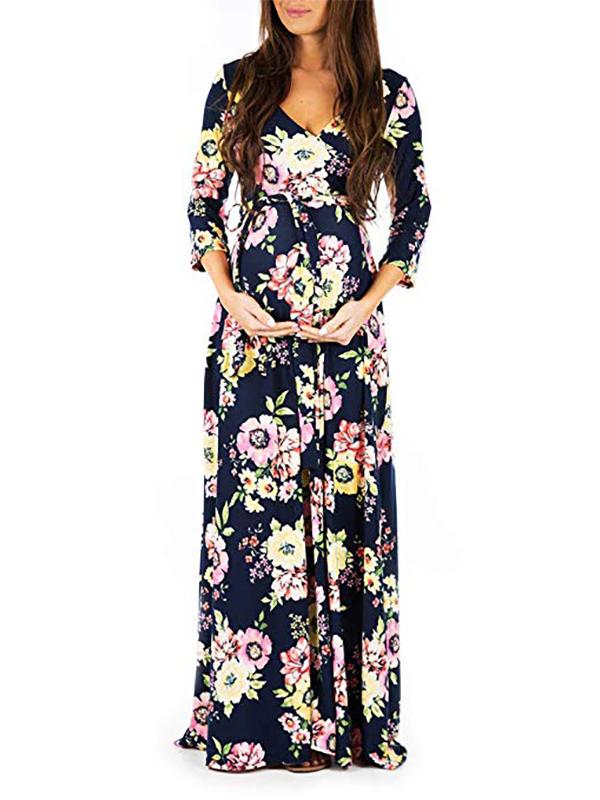 Momnfangcy Floral Belt V-neck Three Quarter Length Sleeve Casual Maternity Maxi Dress