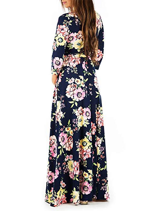 Momnfangcy Floral Belt V-neck Three Quarter Length Sleeve Casual Maternity Maxi Dress