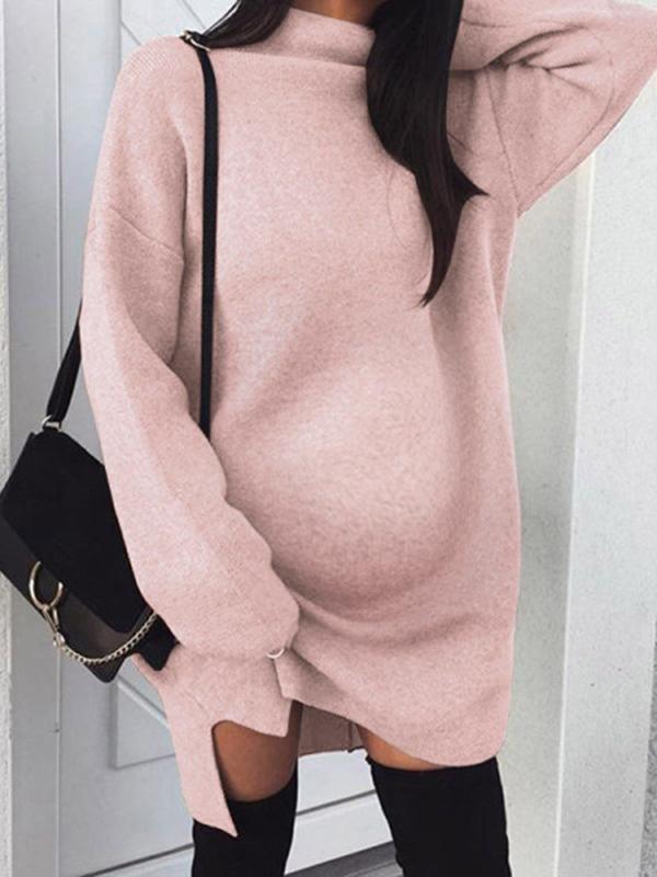 Seindeal Solid Color Band Collar Long Sleeve Cute Mini Crochet Maternity Dress for Winter