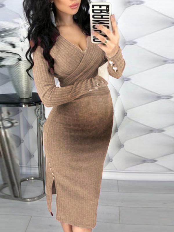 Seindeal Solid Color Bodycon Buttons Slit Work Midi Maternity Sweater Dress Business Attire