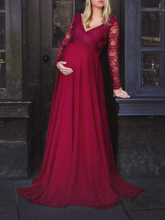 Seindeal Lace Big Swing V-neck Long Sleeve Maxi Maternity Photoshoot Dress