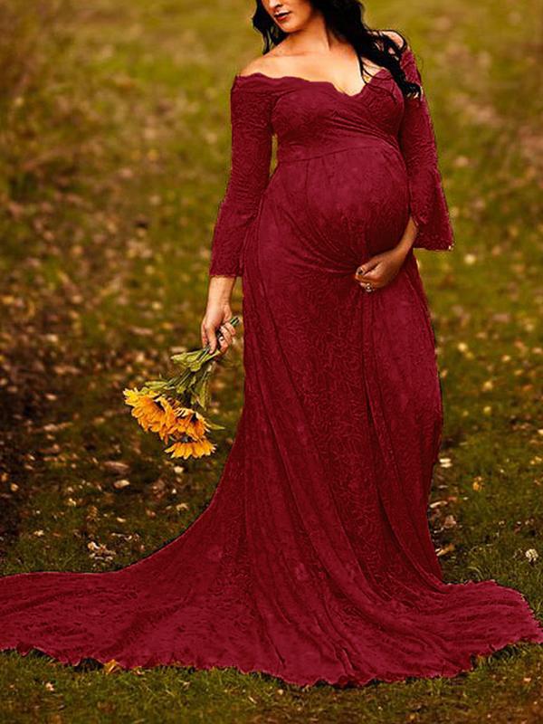 Seindeal Off Shoulder Mermaid Long Sleeve Lace Maternity Dress for Photoshoot