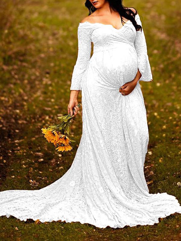 Seindeal Off Shoulder Mermaid Long Sleeve Lace Maternity Dress for Photoshoot