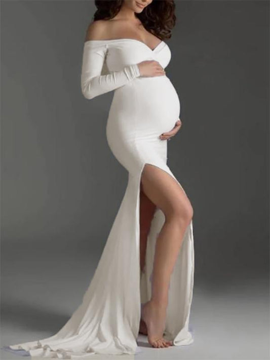 Side Slit Off Shoulder Mermaid Baby Shower Maternity Maxi Dress