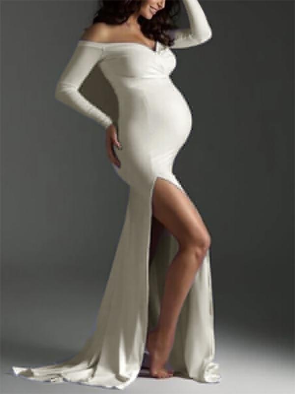 Side Slit Off Shoulder Mermaid Baby Shower Maternity Maxi Dress