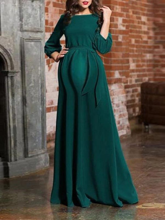 Solid Color Belt Long Sleeve Babyshower Maternity Elegant Maxi Dress