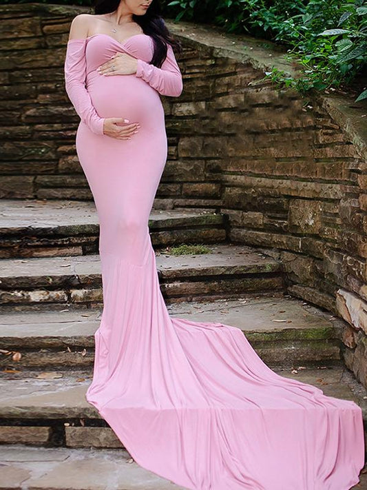 Solid Color Off Shoulder Bodycon Mermaid Photoshoot Maternity Maxi Dress