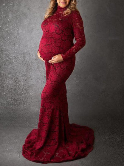 Lace Bodycon High Neck Long Sleeve Babyshower Maternity Maxi Dress