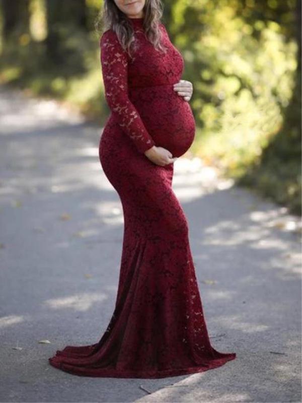 Lace Bodycon High Neck Long Sleeve Babyshower Maternity Maxi Dress