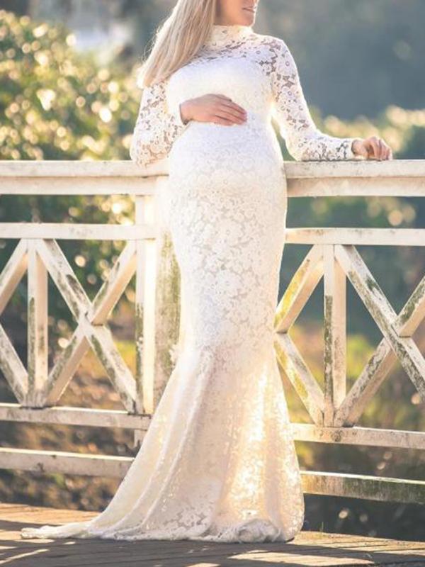 Lace Bodycon High Neck Long Sleeve Babyshower Maternity Maxi Dress