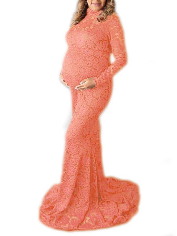 Lace Bodycon High Neck Long Sleeve Babyshower Maternity Maxi Dress