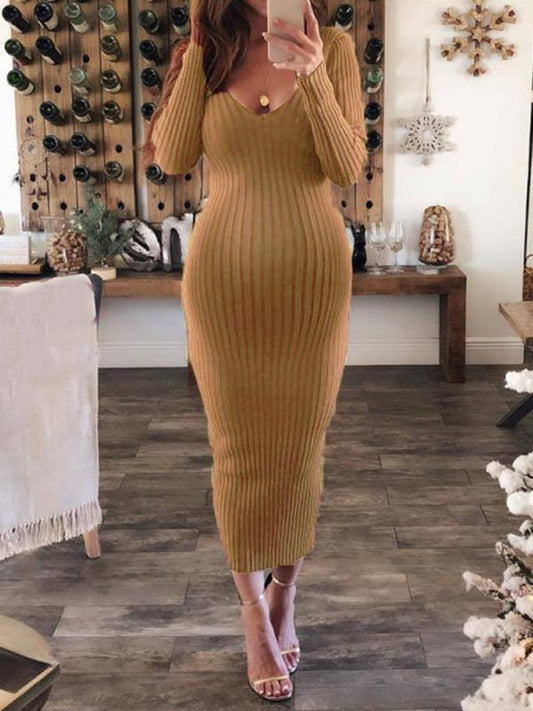 Bodycon V-neck Backless Long Sleeve Maternity Sweater Midi Dress