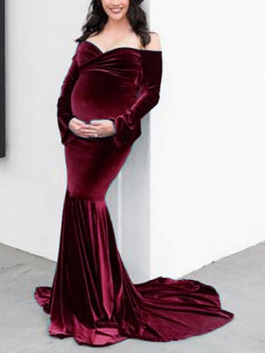 Velvet Off Shoulder Bodycon Mermaid Babyshower Maternity Maxi Dress