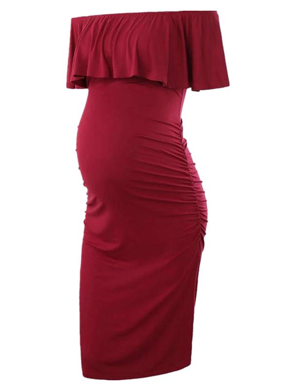 Ruffle Off Shoulder Baby Shower Fitted Maternity Midi Dress