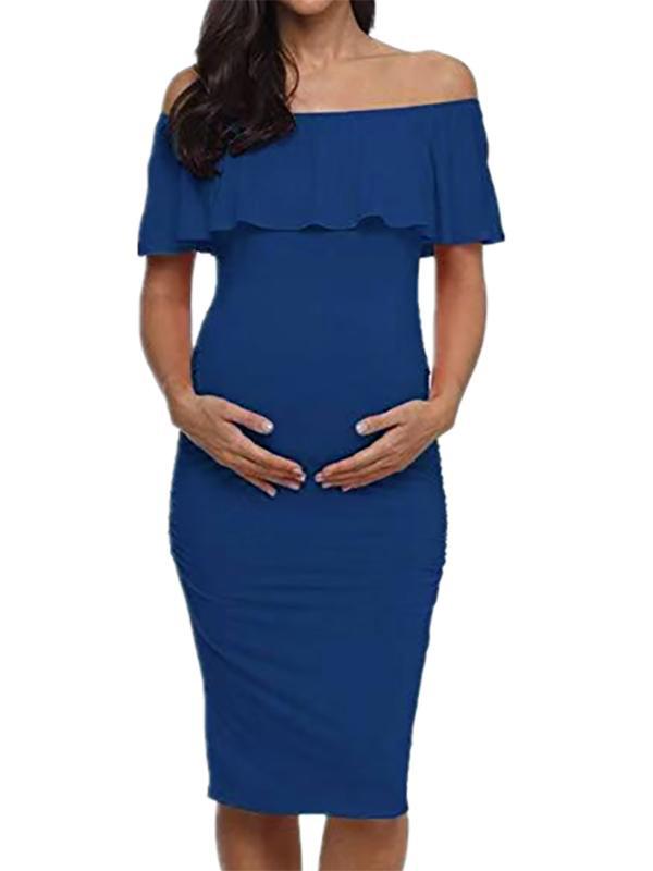 Ruffle Off Shoulder Baby Shower Fitted Maternity Midi Dress