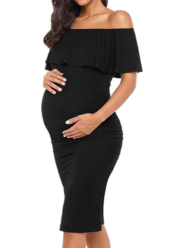 Ruffle Off Shoulder Baby Shower Fitted Maternity Midi Dress