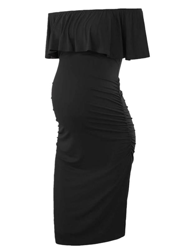 Ruffle Off Shoulder Baby Shower Fitted Maternity Midi Dress