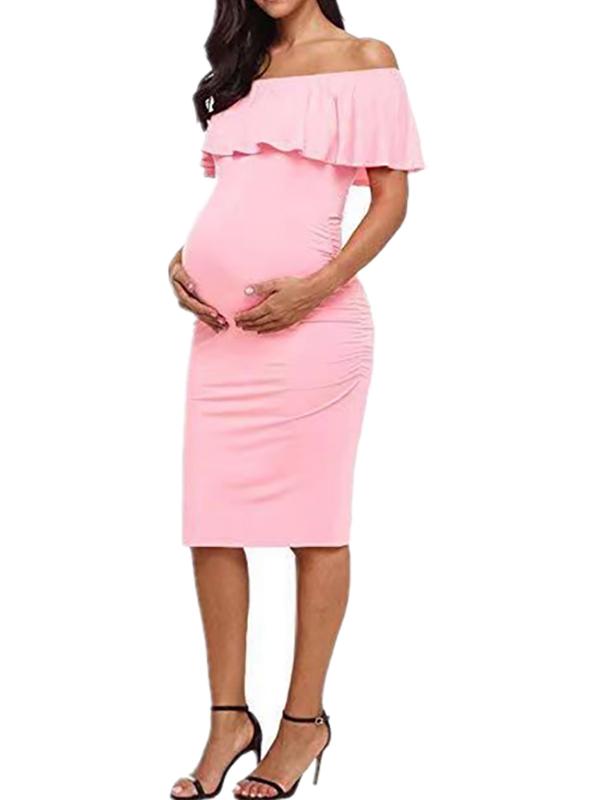 Ruffle Off Shoulder Baby Shower Fitted Maternity Midi Dress