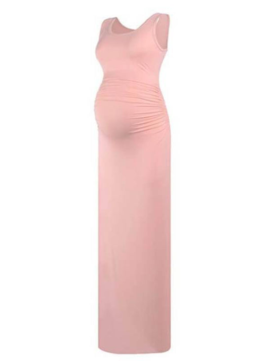 Solid Fitted Round Neck Sleeveless Maternity Maxi Dress