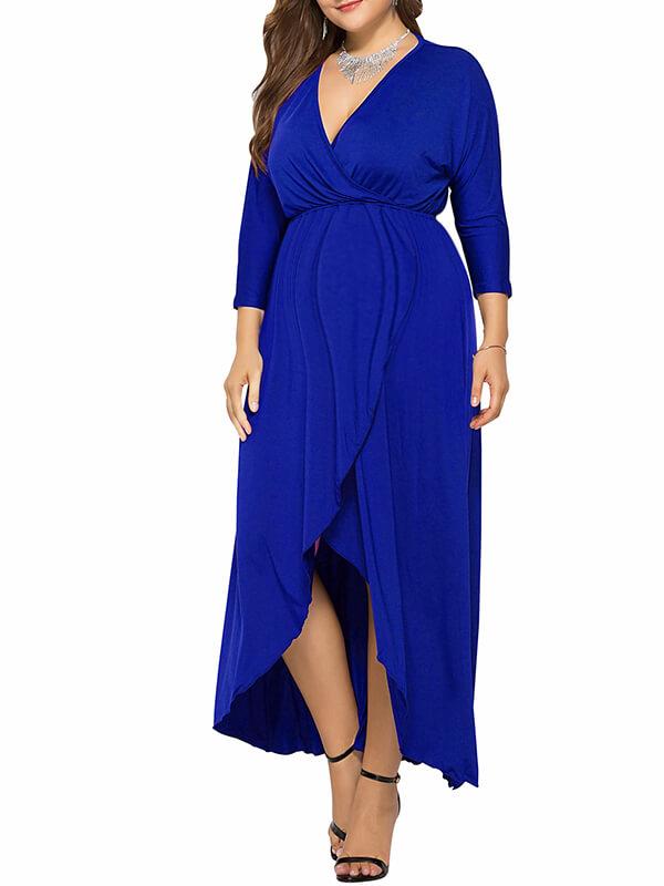 Seindeal Solid Slit  V-neck Long Sleeve High-low Plus Size Midi Dress