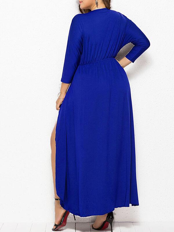 Seindeal Solid Slit  V-neck Long Sleeve High-low Plus Size Midi Dress